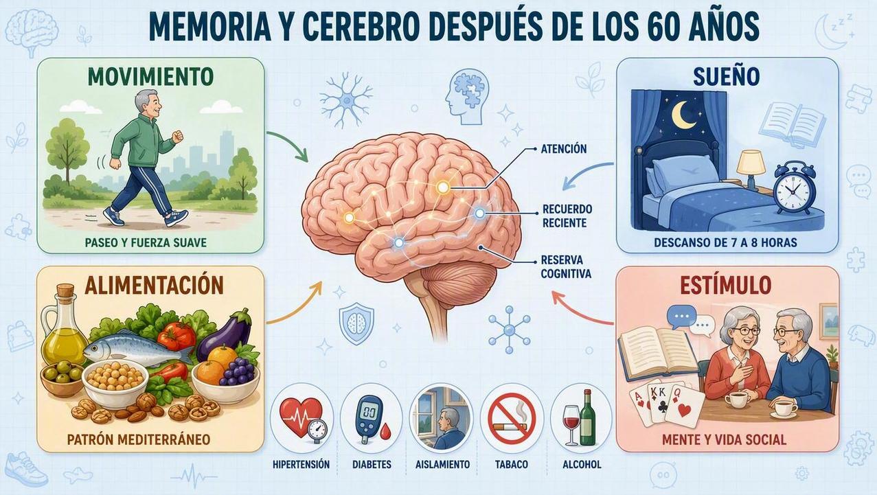 Cuatro pilares clave para cuidar memoria, cerebro y autonomía después de los 60.