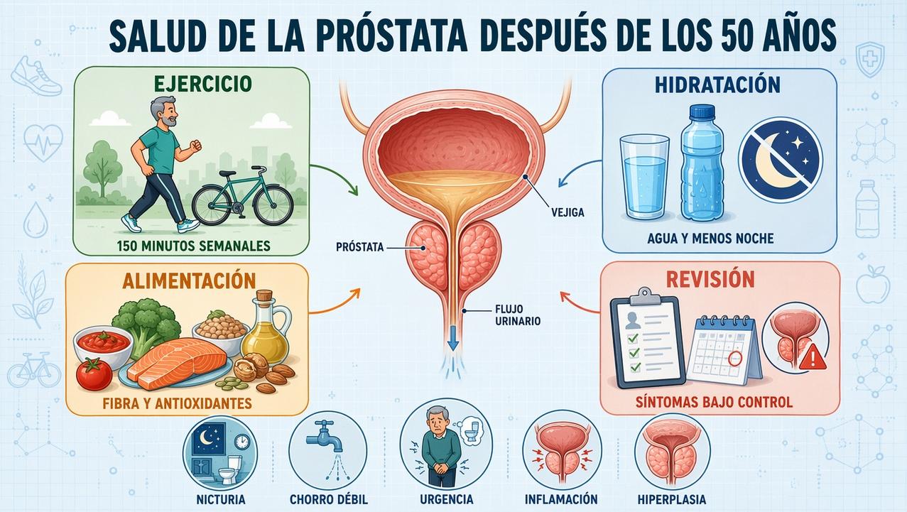 Ejercicio, hidratación, dieta y revisión médica sostienen la salud prostática.