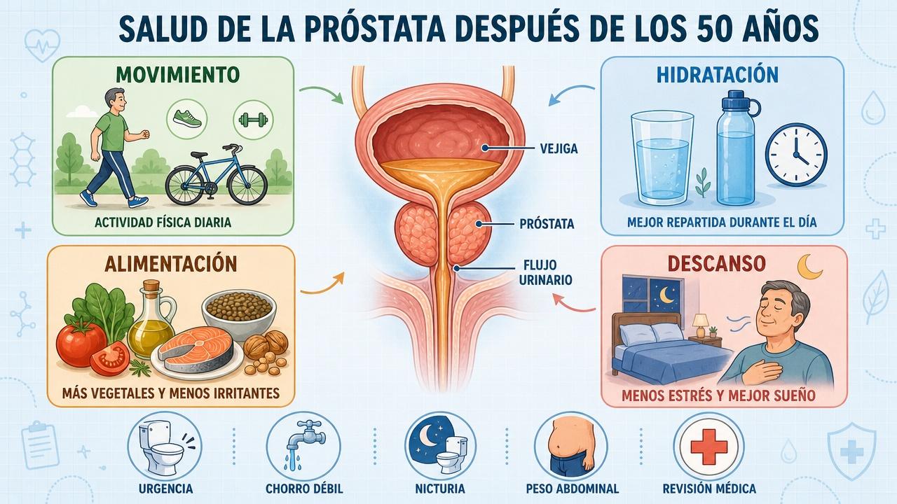Movimiento, hidratación, alimentación y descanso sostienen la función urinaria masculina.