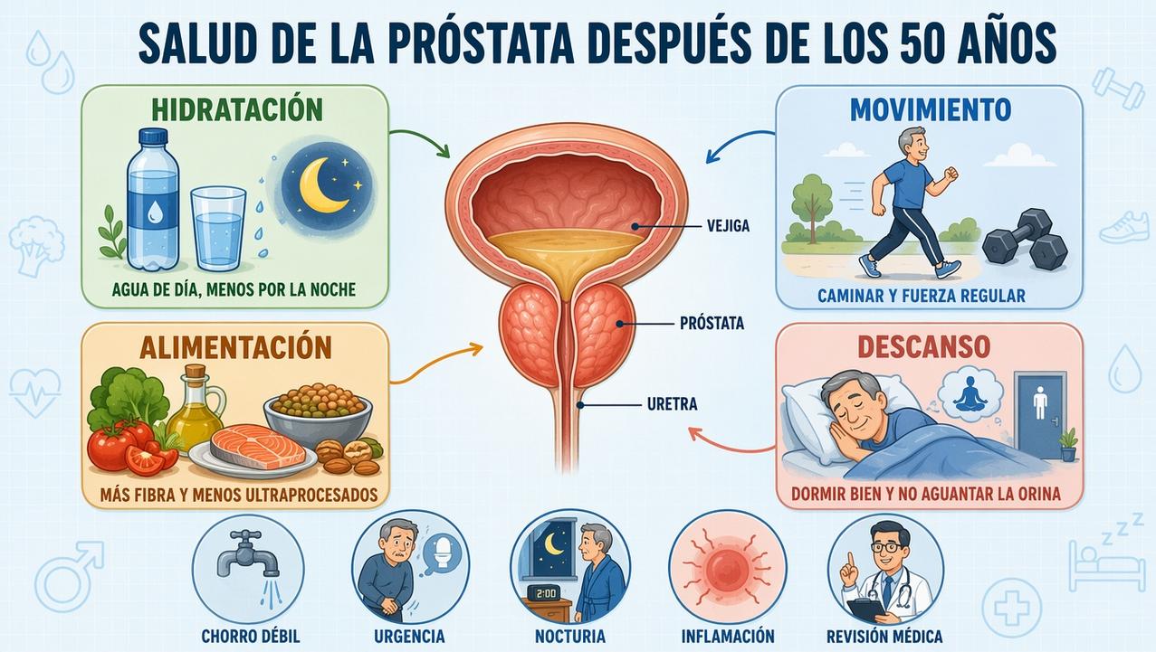 Hidratación, movimiento, alimentación y descanso sostienen el cuidado diario de la próstata.
