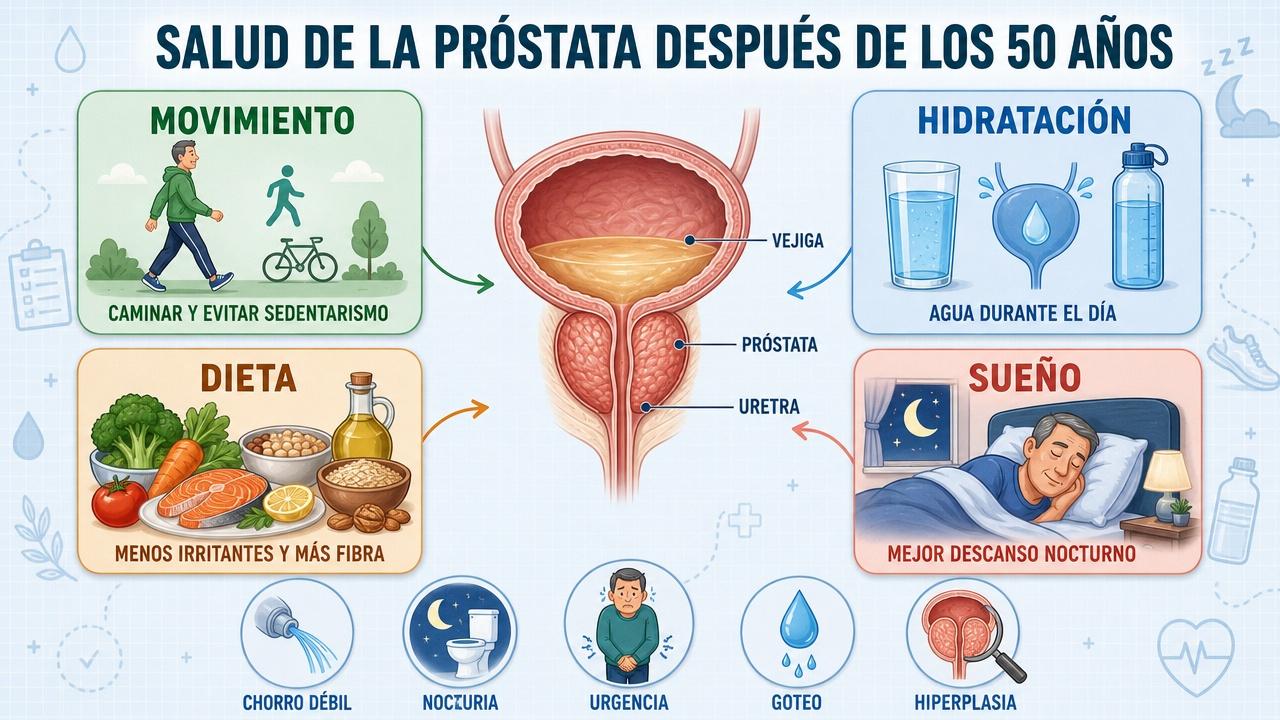 Movimiento, hidratación, dieta y sueño sostienen la salud prostática tras los 50.