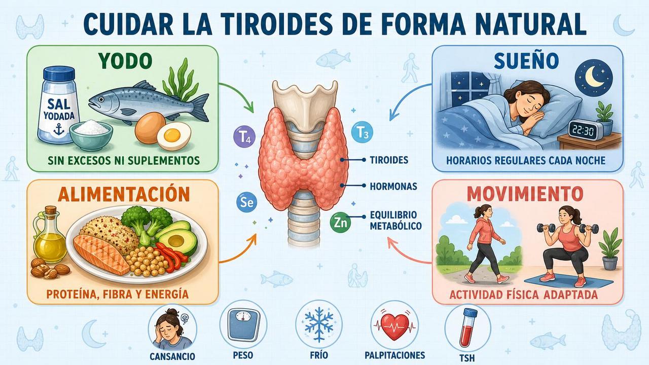 Yodo, sueño, alimentación y ejercicio sostienen el equilibrio hormonal tiroideo.