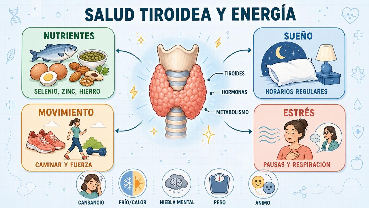 Nutrientes, sueño, movimiento y gestión del estrés apoyan la salud tiroidea.
