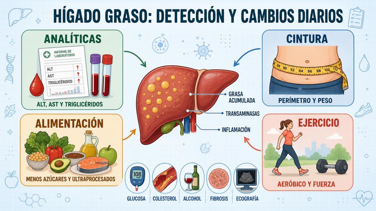 Analíticas, cintura, alimentación y ejercicio sostienen el control temprano del hígado graso.