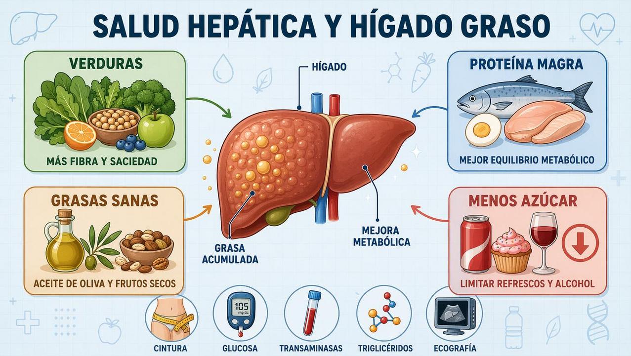 Verduras, proteína magra, grasas sanas y menos azúcar protegen el hígado.