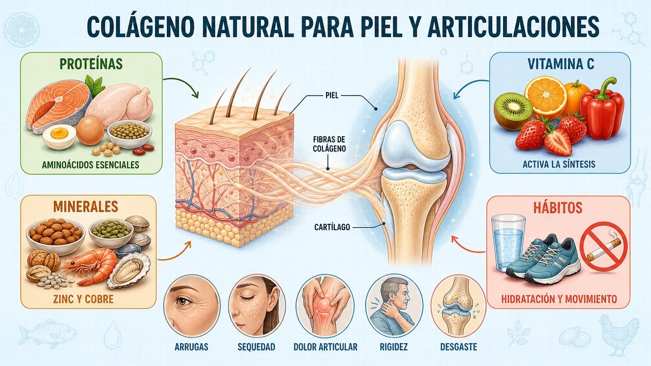 Proteínas, vitamina C, minerales y hábitos saludables sostienen piel y articulaciones.