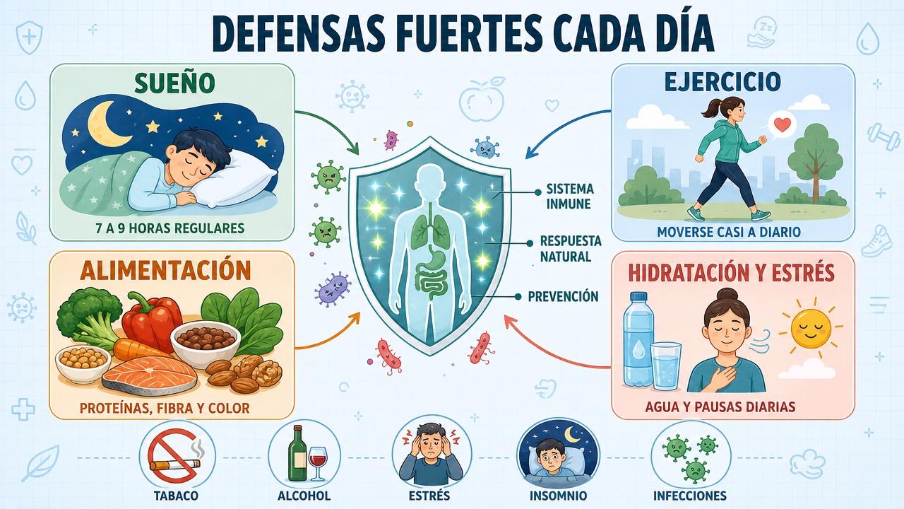 Sueño, ejercicio, alimentación e hidratación sostienen unas defensas más resistentes.