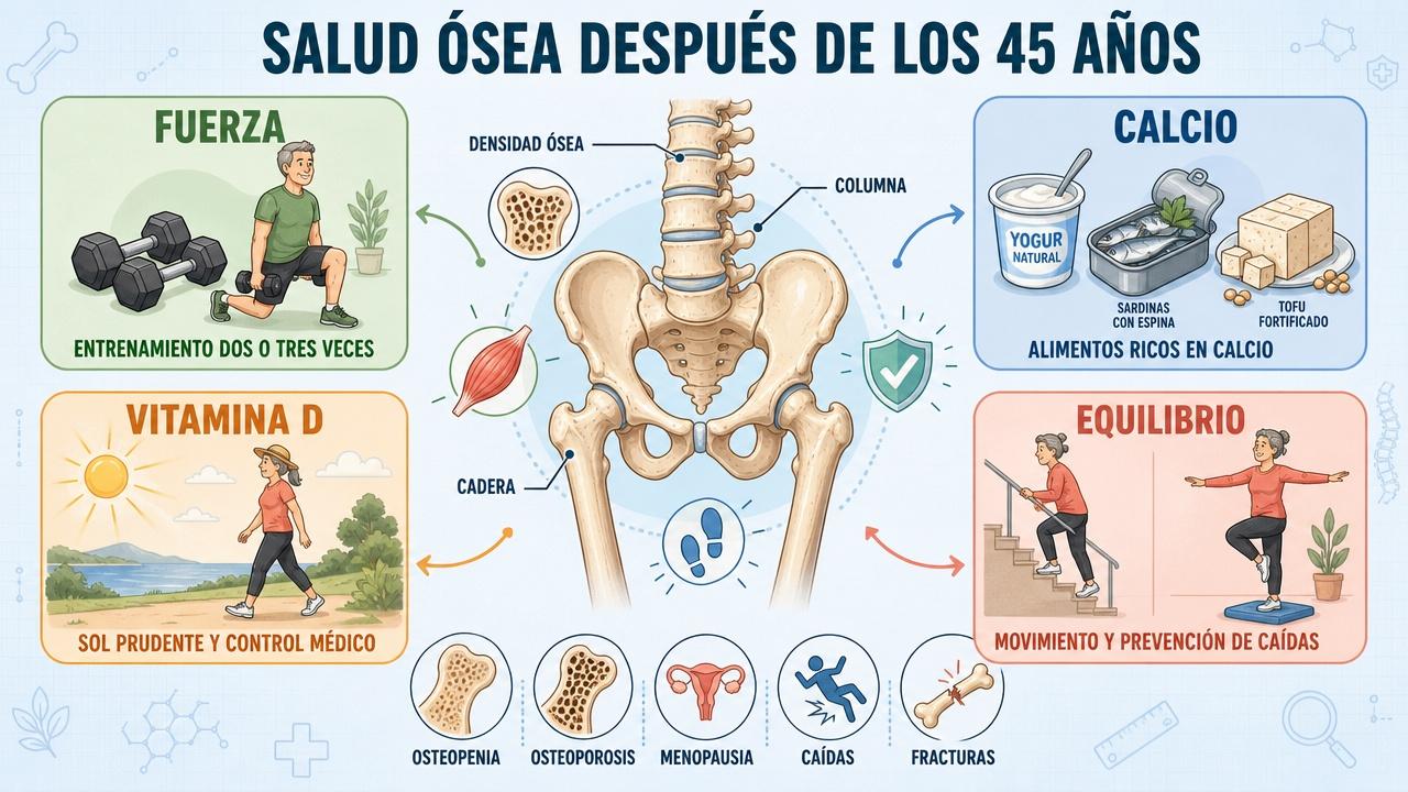 Fuerza, calcio, vitamina D y equilibrio sostienen la salud ósea.