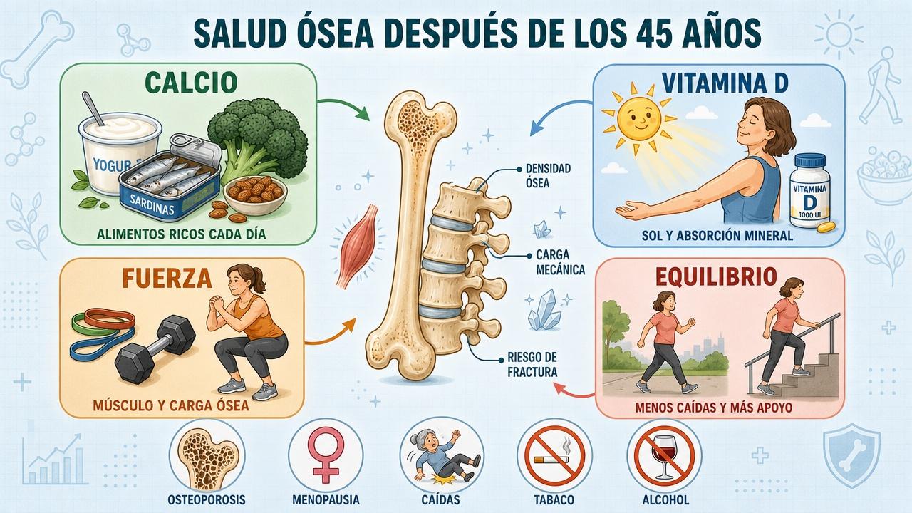 Cuatro pilares clave para prevenir osteoporosis y mantener una buena salud ósea.
