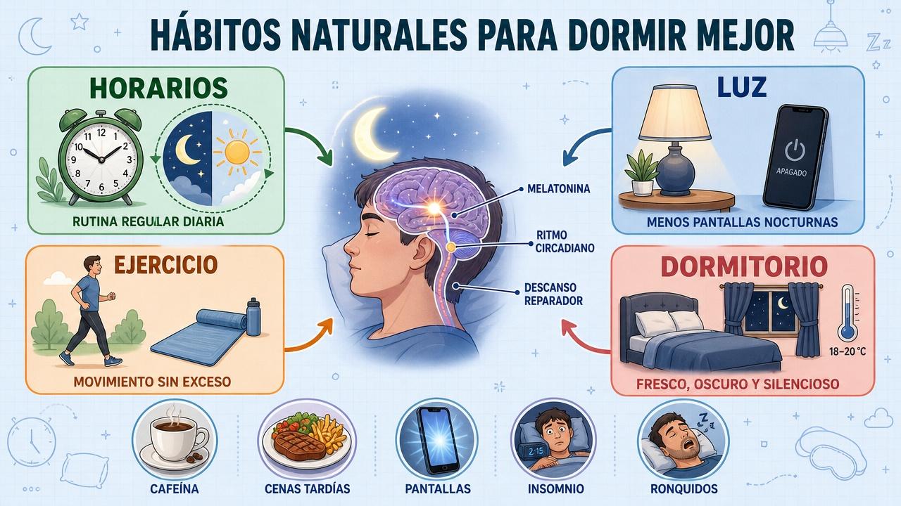 Horarios, luz, ejercicio y dormitorio adecuado sostienen un descanso nocturno estable.