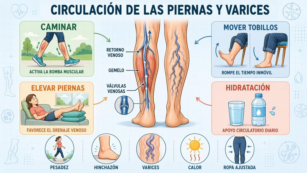 Caminar, mover tobillos, elevar piernas e hidratarse apoyan el retorno venoso.