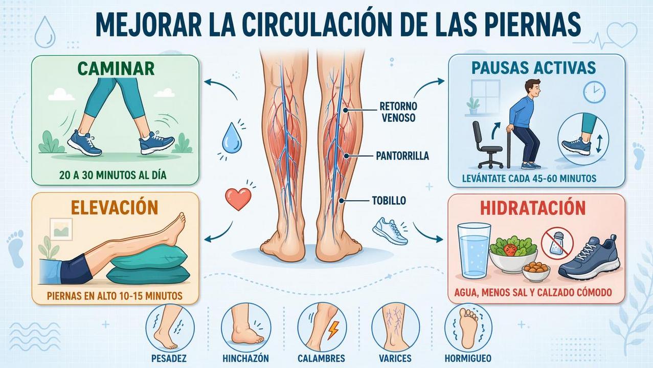Cuatro hábitos clave para favorecer el retorno venoso y reducir hinchazón.
