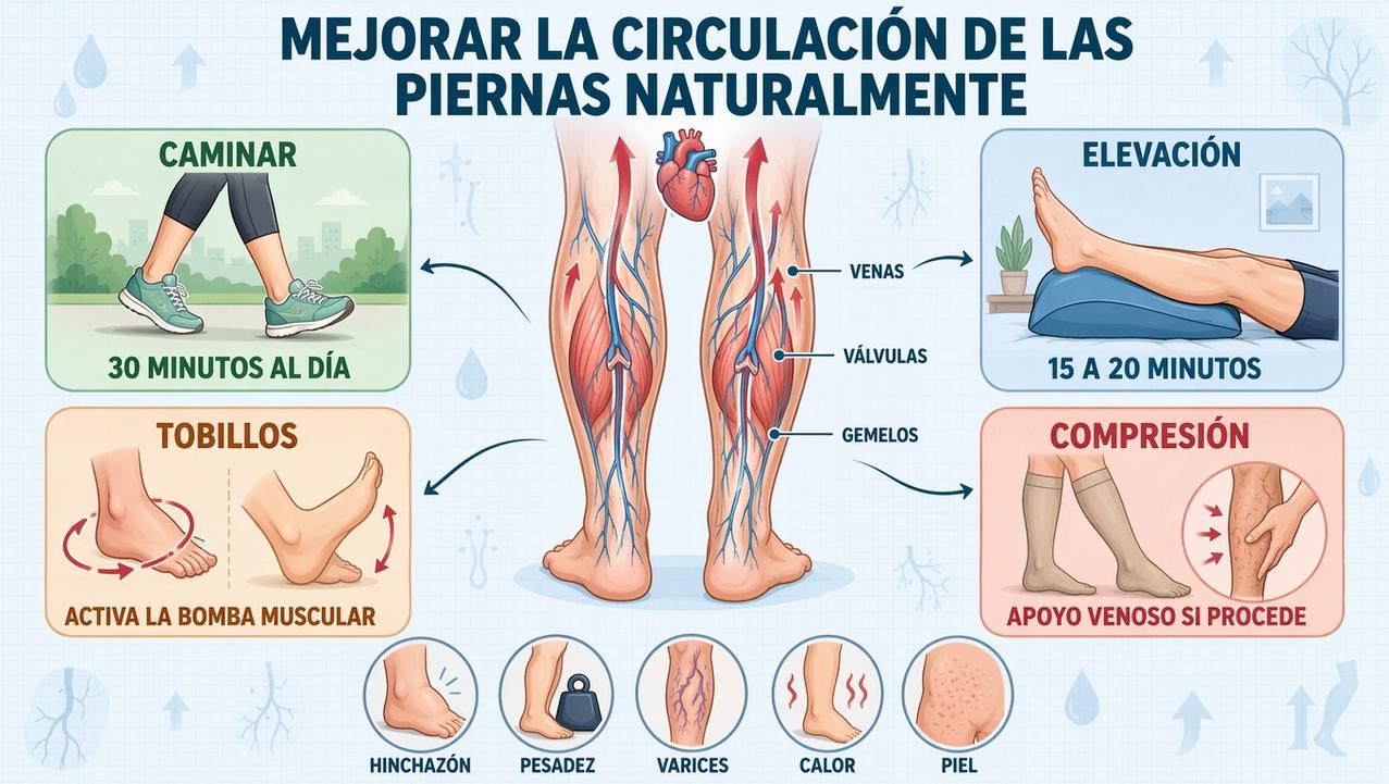 Caminar, elevar, mover tobillos y compresión favorecen el retorno venoso.