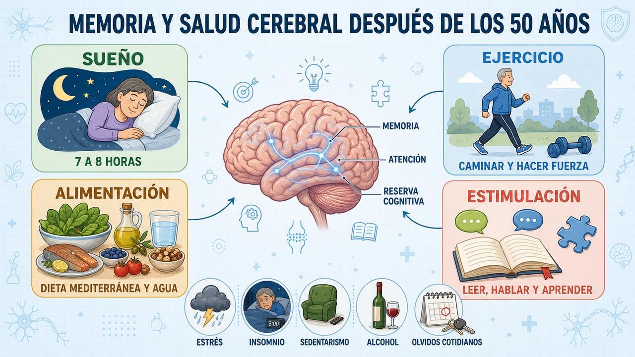 Sueño, ejercicio, alimentación y estimulación mental sostienen la salud cerebral.