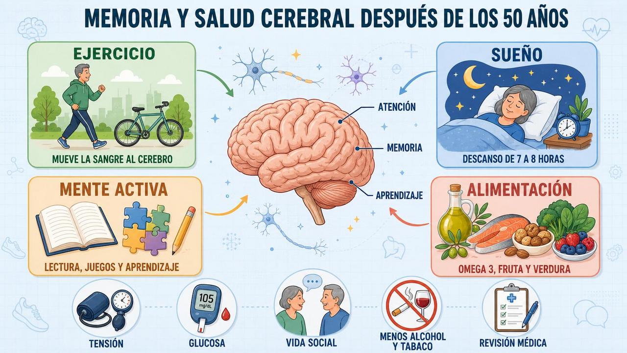Ejercicio, sueño, mente activa y alimentación sostienen la salud cerebral.