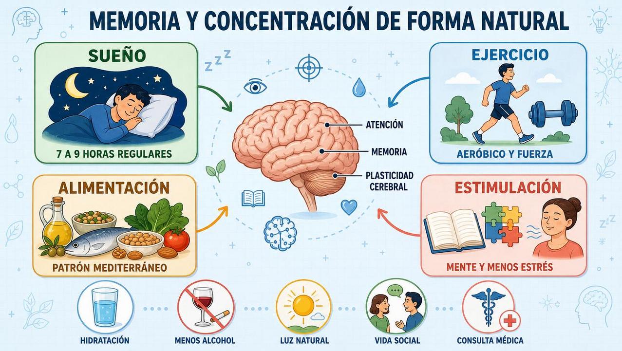 Sueño, ejercicio, alimentación y estimulación mental sostienen un cerebro más activo.