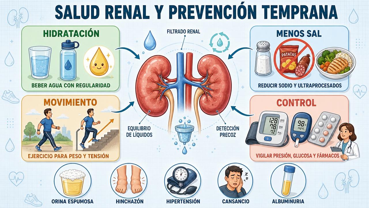 Hidratación, menos sodio, ejercicio y control metabólico protegen la función renal.