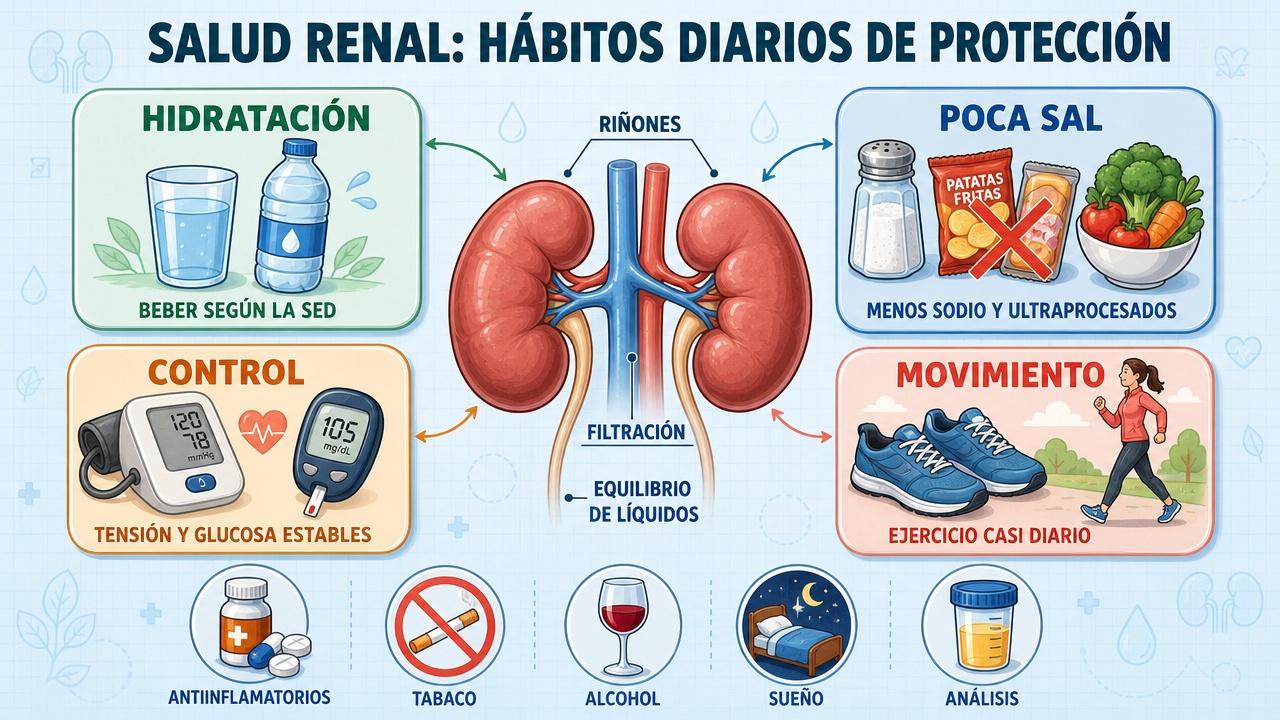 Cuatro pilares para cuidar los riñones y prevenir daño renal progresivo.