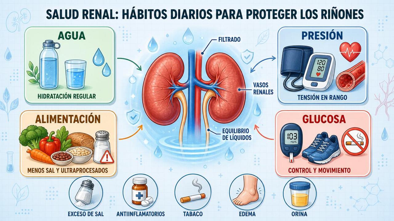 Cuatro hábitos clave para cuidar la función renal y prevenir daño.
