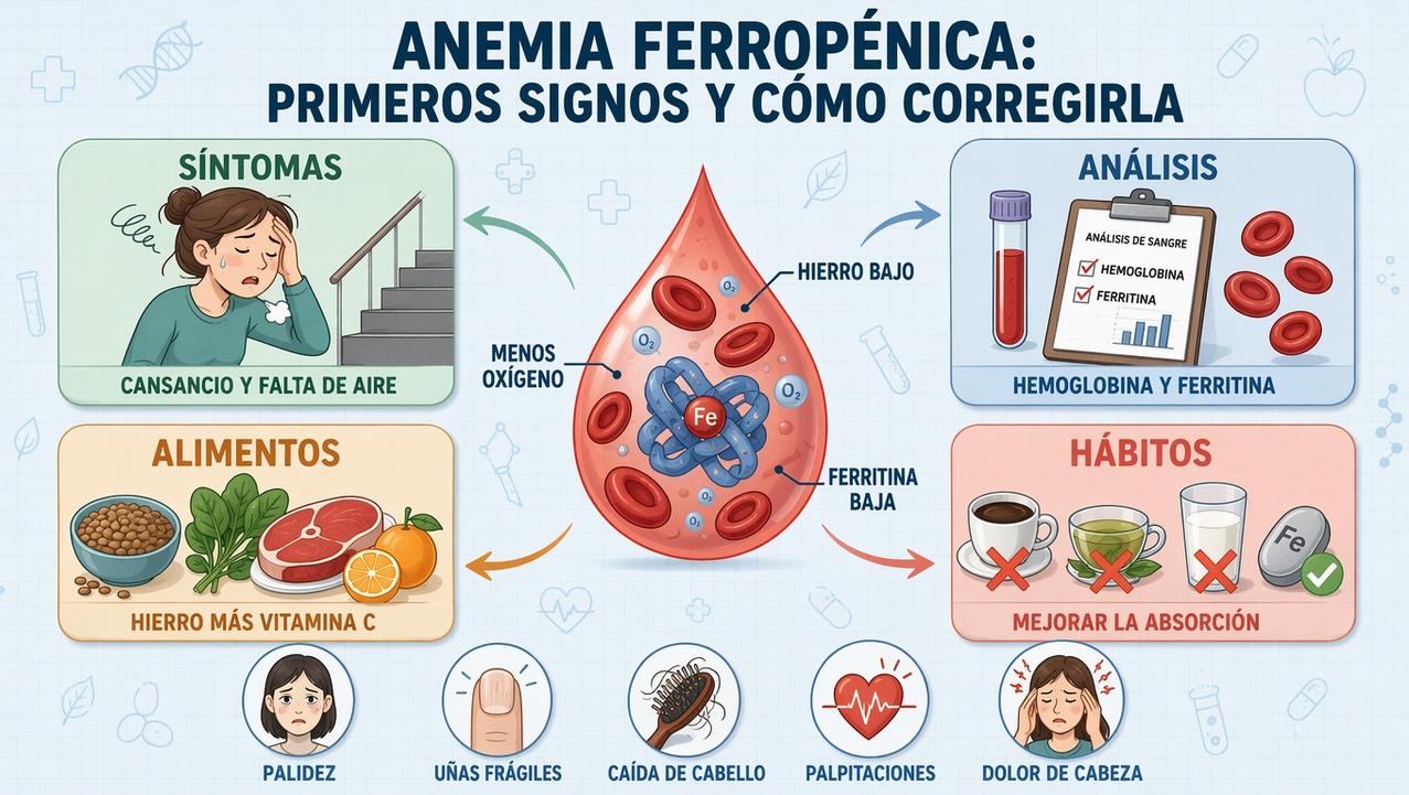 Síntomas, análisis, dieta y hábitos clave para corregir la falta de hierro.
