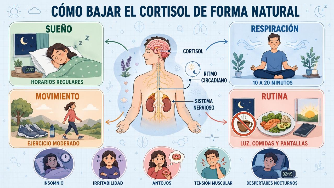 Sueño, respiración, movimiento y rutina diaria sostienen un cortisol más equilibrado.