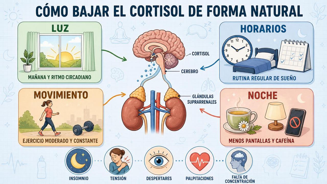 Luz, horarios, ejercicio y rutina nocturna ayudan a regular el cortisol.