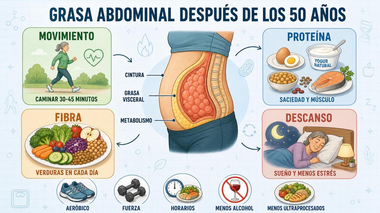 Movimiento, proteína, fibra y descanso: pilares para reducir grasa abdominal.