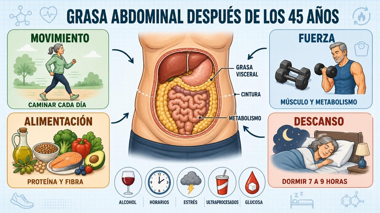 Movimiento, fuerza, alimentación y descanso: pilares contra la grasa abdominal.
