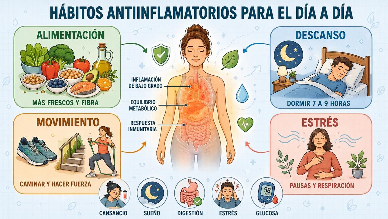 Cuatro pilares antiinflamatorios: alimentación, descanso, movimiento y control diario del estrés.