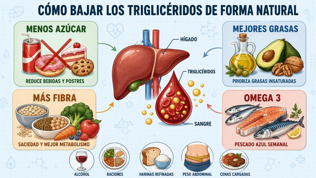 Azúcar, grasas, fibra y omega 3: pilares dietéticos contra triglicéridos altos.
