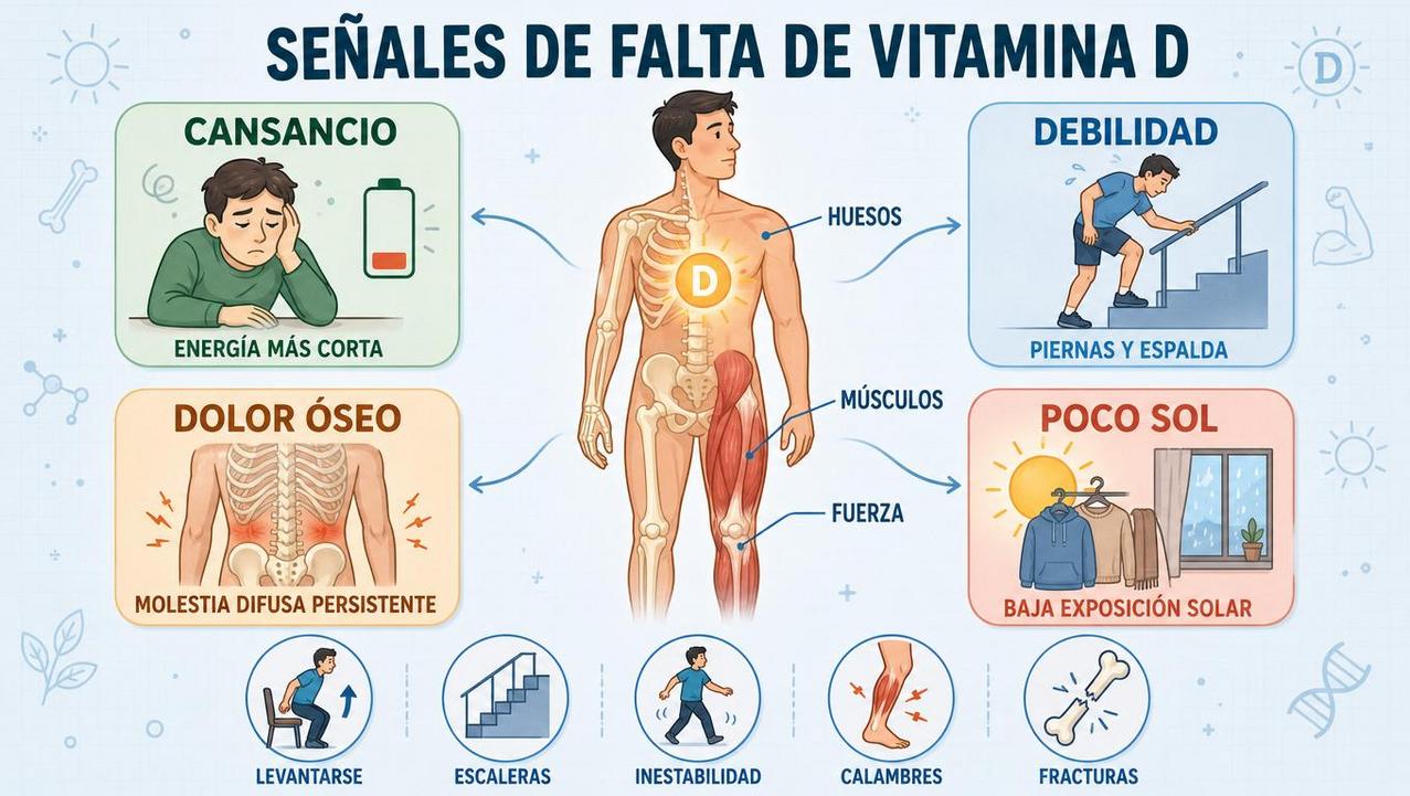 Cansancio, debilidad, dolor óseo y poco sol orientan la sospecha.