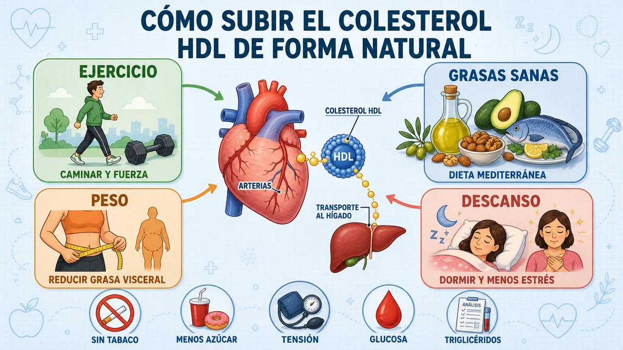 Ejercicio, grasas sanas, peso y descanso sostienen un mejor colesterol HDL.