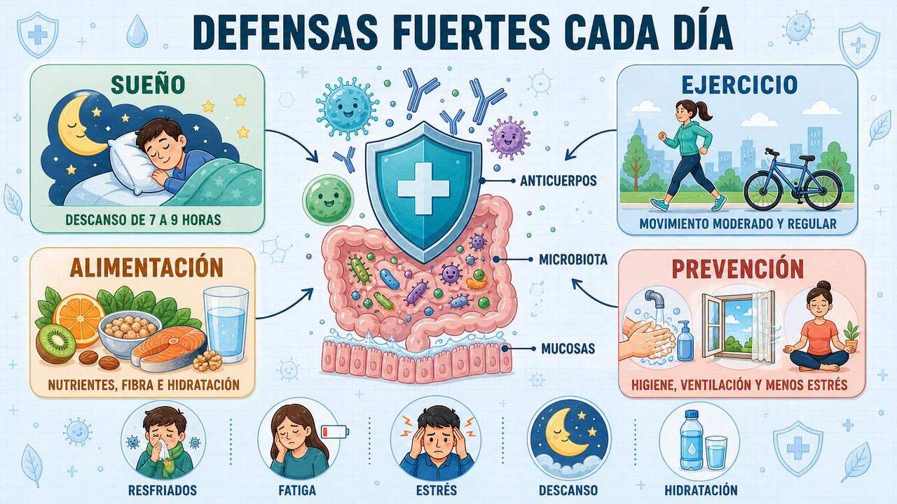 Sueño, ejercicio, alimentación y prevención sostienen un sistema inmunitario equilibrado.