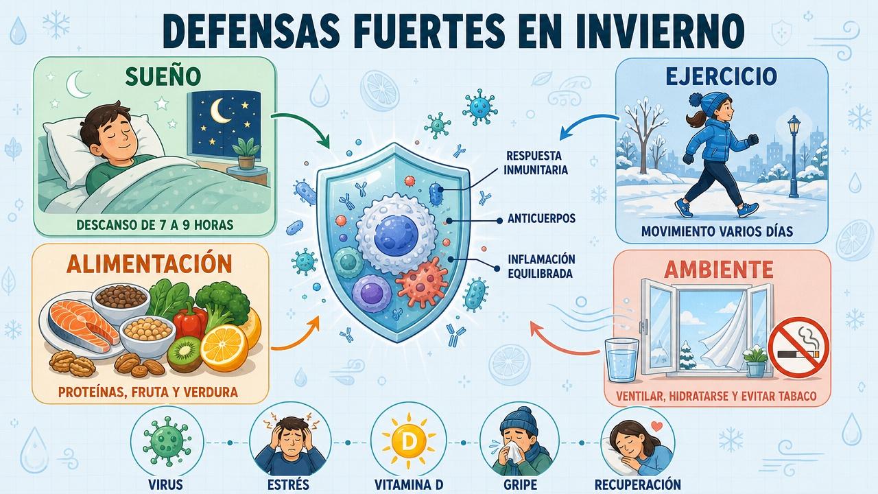 Sueño, ejercicio, alimentación y ambiente saludable sostienen la respuesta inmunitaria.