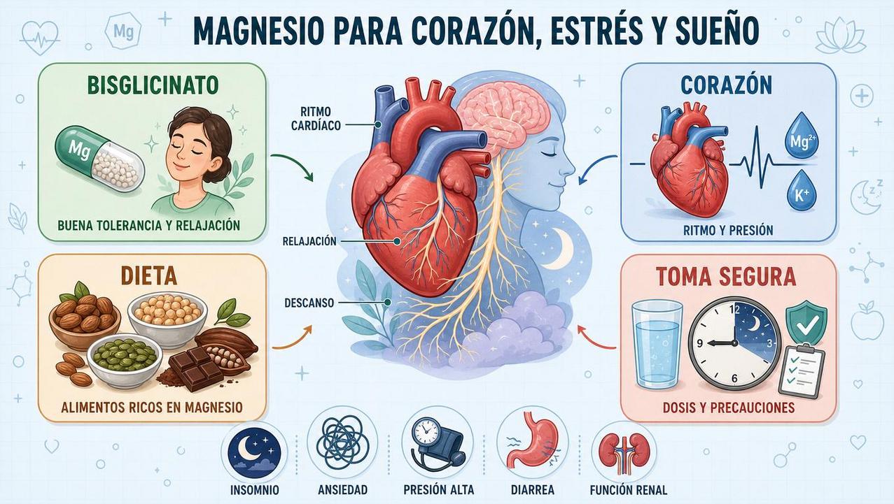 Cuatro claves del magnesio: forma, corazón, dieta y uso seguro.