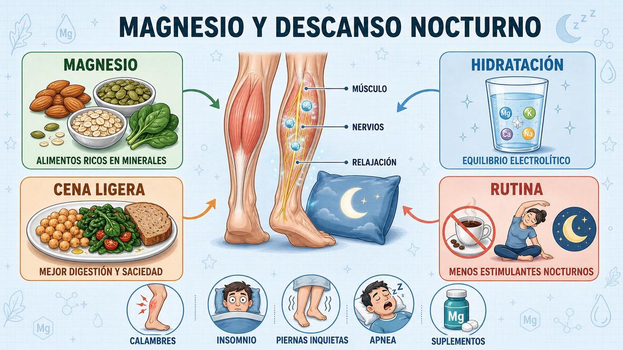 Cuatro pilares clave: magnesio, hidratación, cena ligera y rutina nocturna.
