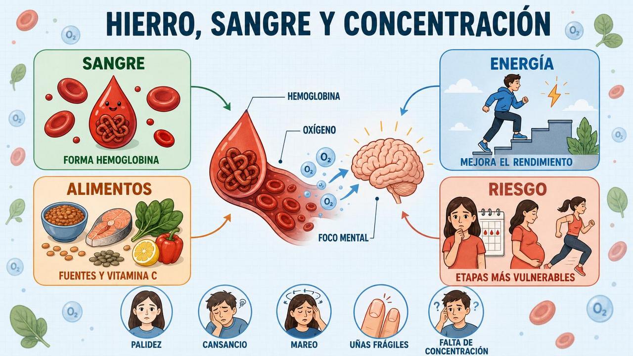 Infografía sobre sangre, energía, alimentos y riesgo de déficit de hierro.