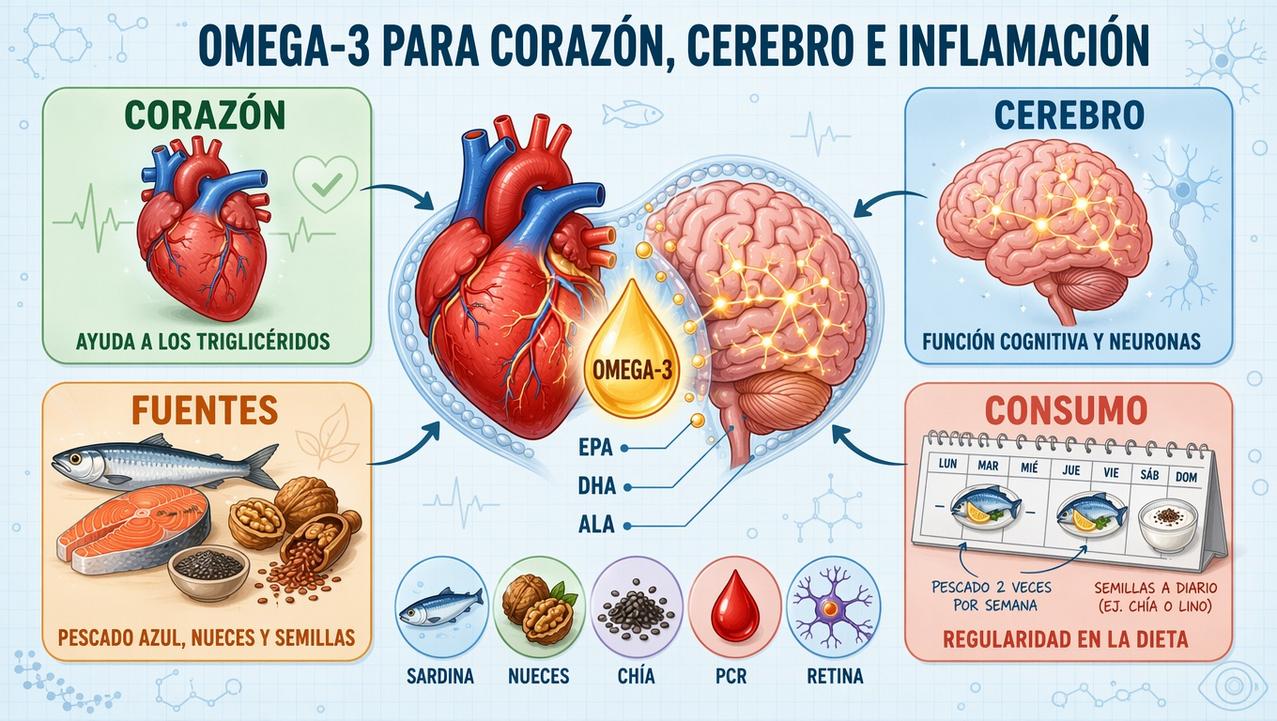 Fuentes, funciones y consumo regular del omega-3 para una dieta equilibrada.