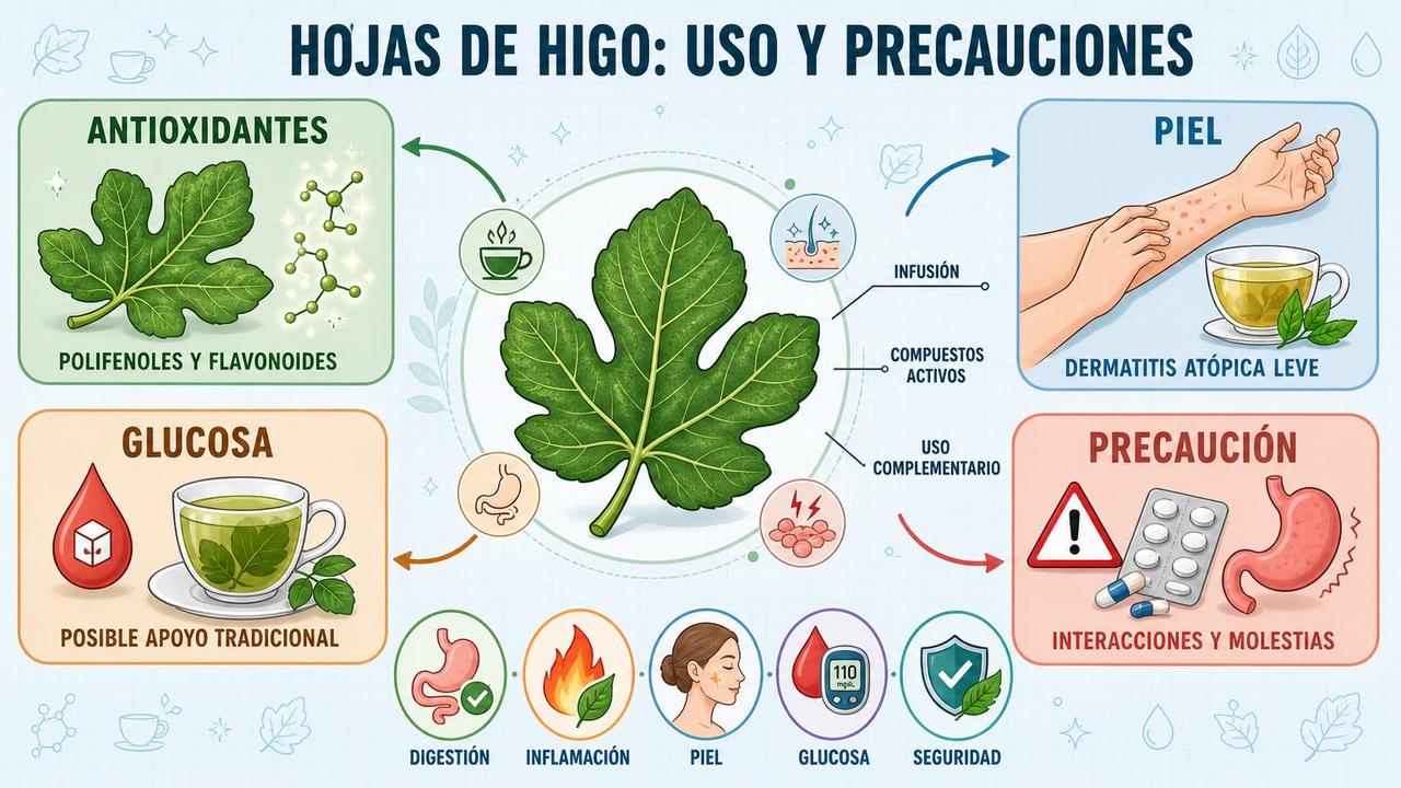 Antioxidantes, piel, glucosa y precauciones resumen las claves de las hojas de higo.