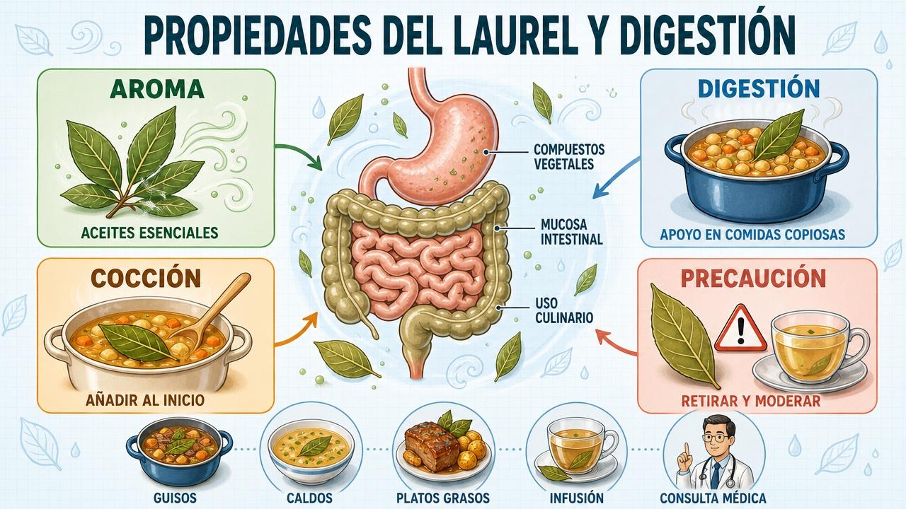 Aroma, digestión, uso culinario y precauciones clave de la hoja de laurel.