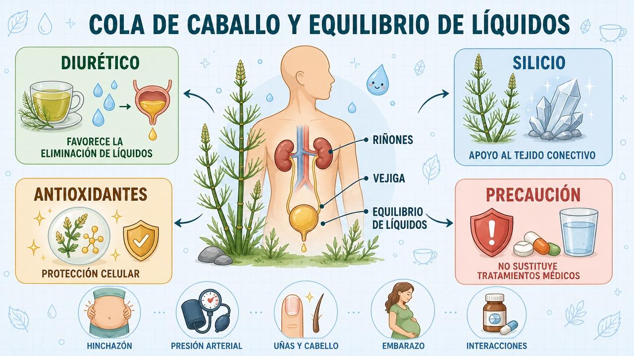 Diuresis, silicio, antioxidantes y precauciones clave sobre la cola de caballo.