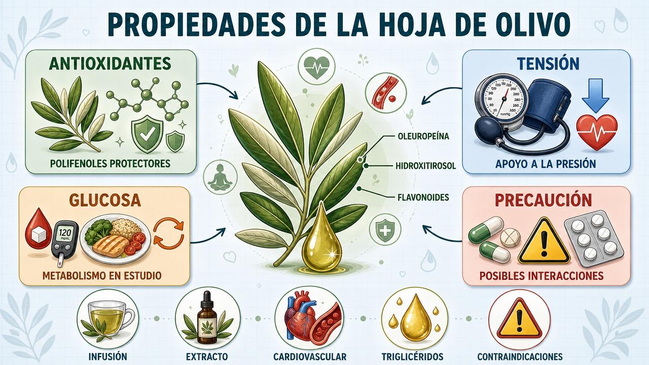 Antioxidantes, tensión, glucosa y precauciones resumen los pilares de la hoja de olivo.
