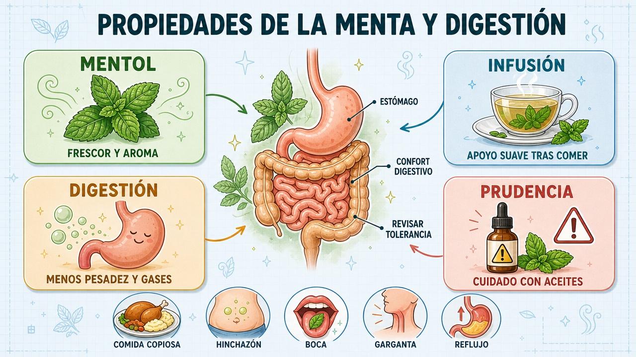 Mentol, infusión, digestión y prudencia: claves visuales sobre la menta.
