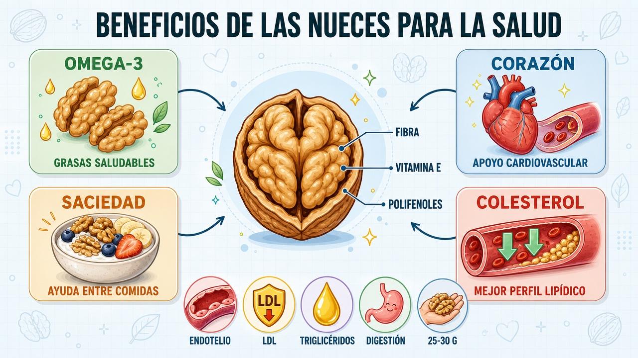 Omega-3, corazón, saciedad y colesterol: claves nutricionales de las nueces.