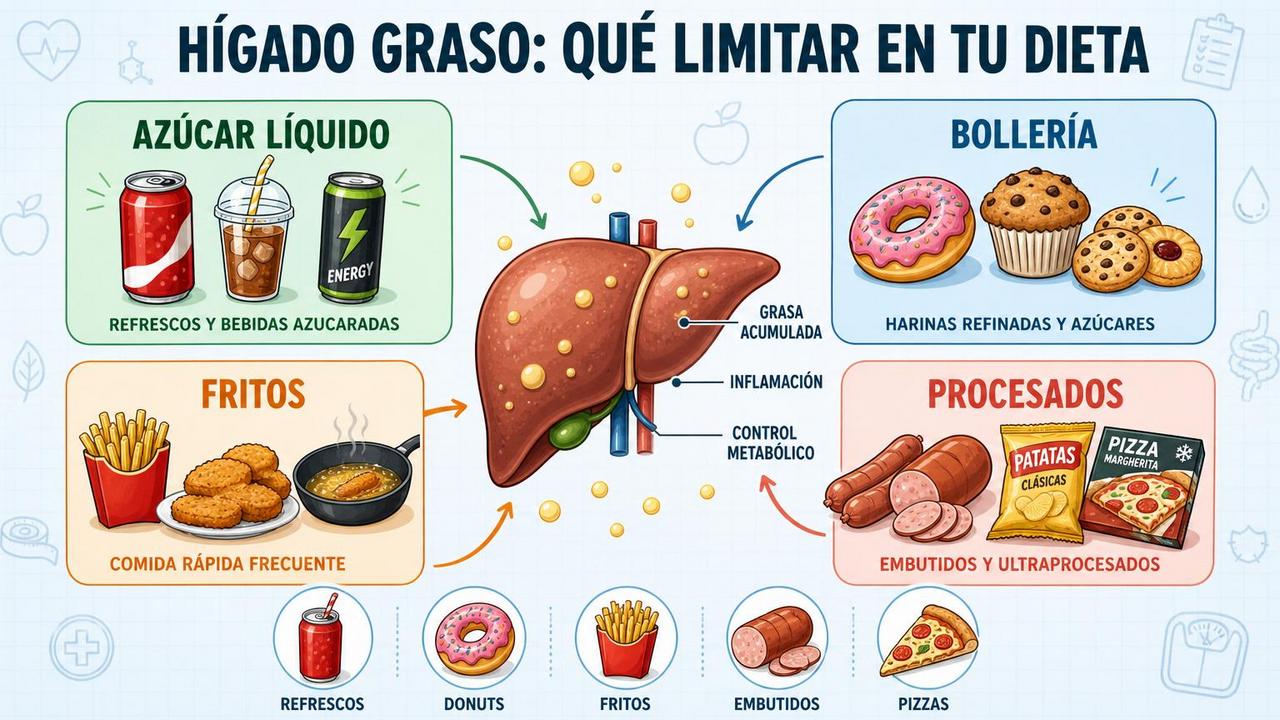 Bebidas azucaradas, bollería, fritos y procesados empeoran el hígado graso.