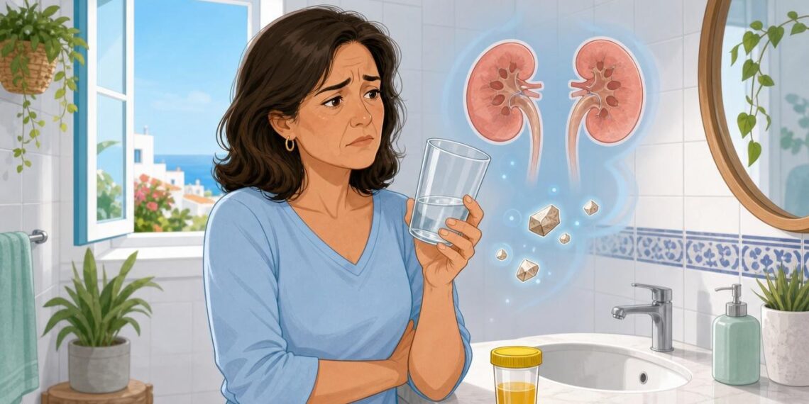 Cuando bebes poca agua a lo largo del día, la orina se concentra y los riñones trabajan peor, lo que puede favorecer las piedras