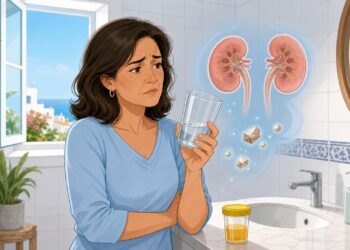 Cuando bebes poca agua a lo largo del día, la orina se concentra y los riñones trabajan peor, lo que puede favorecer las piedras