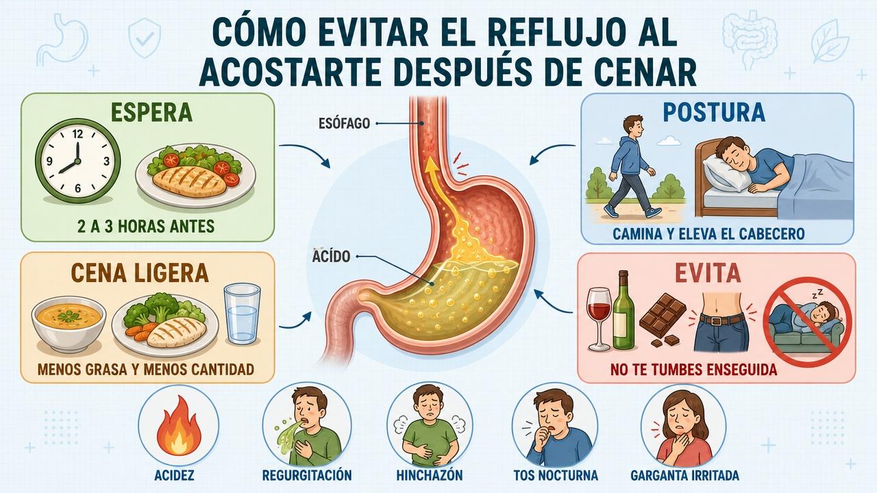 Esperar, cuidar la postura y cenar ligero reduce el reflujo nocturno.