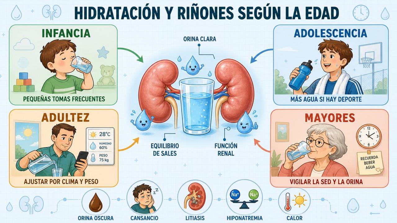 Infografía con claves de hidratación renal en infancia, adolescencia, adultez y mayores.