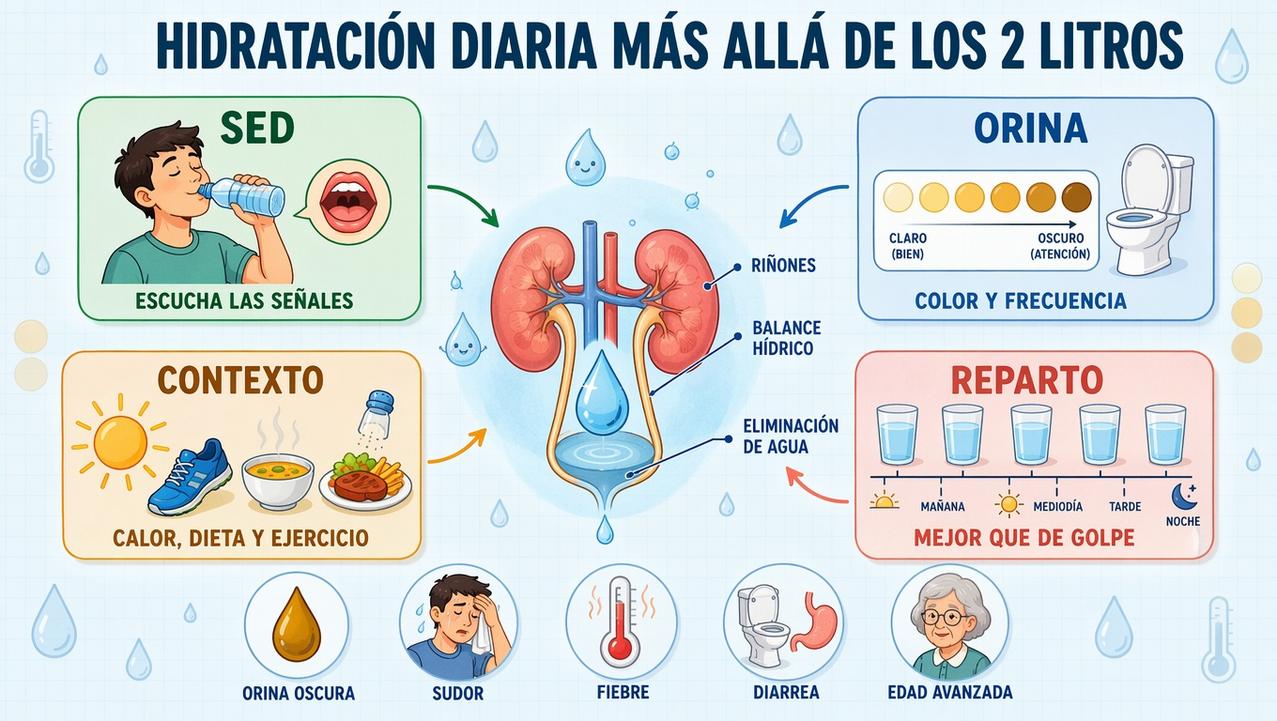 Sed, orina, contexto y reparto guían una hidratación más precisa.